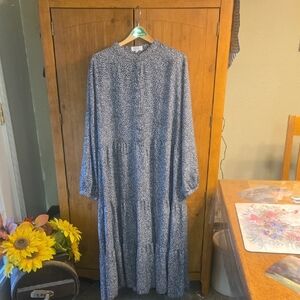 100 SweetSalt Elegant Blue Floral Women's Peasant Longsleeved Dress